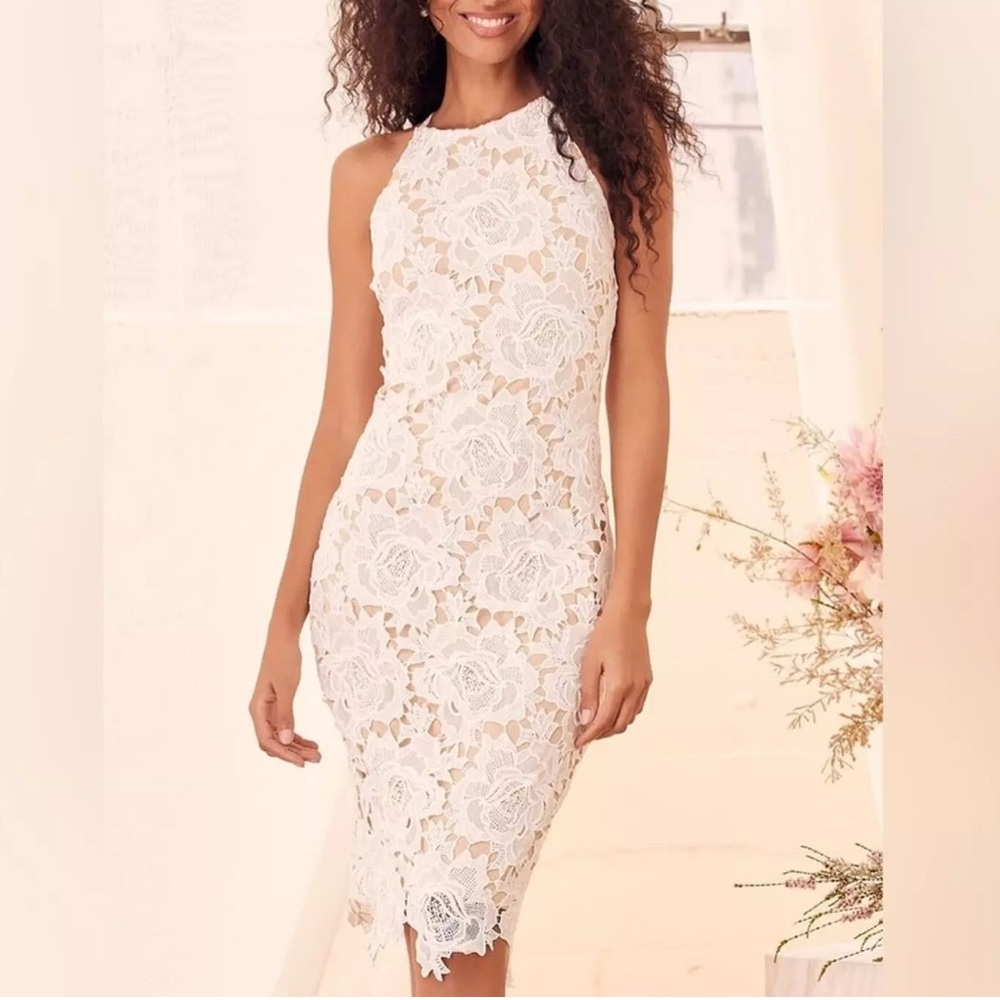Lulus Temps De L'Amour White Lace Bodycon Midi Dress Size Small